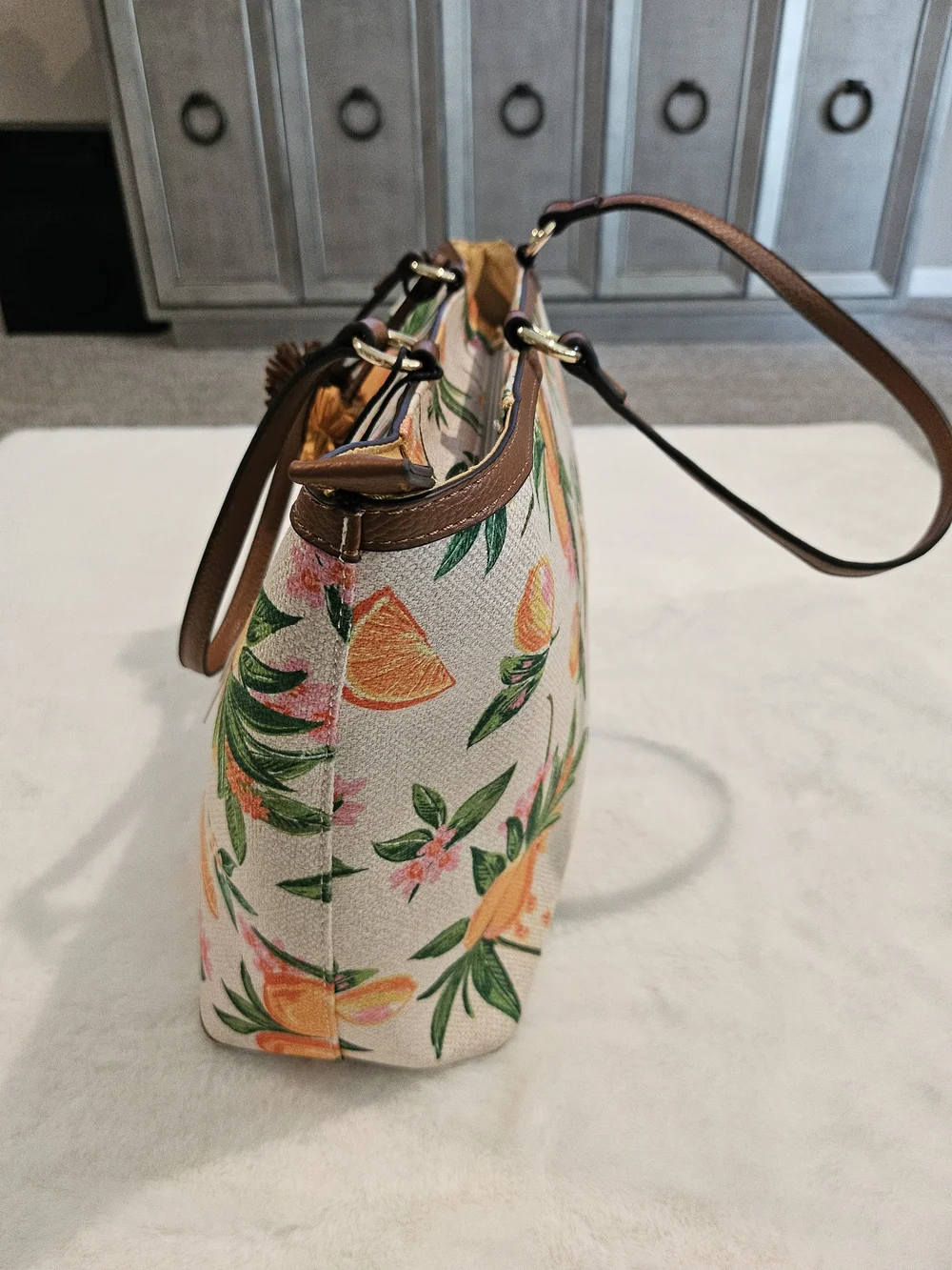 D S Designed in New York Canvas Tote Bag in Orange Green Floral Citrus Print O/S